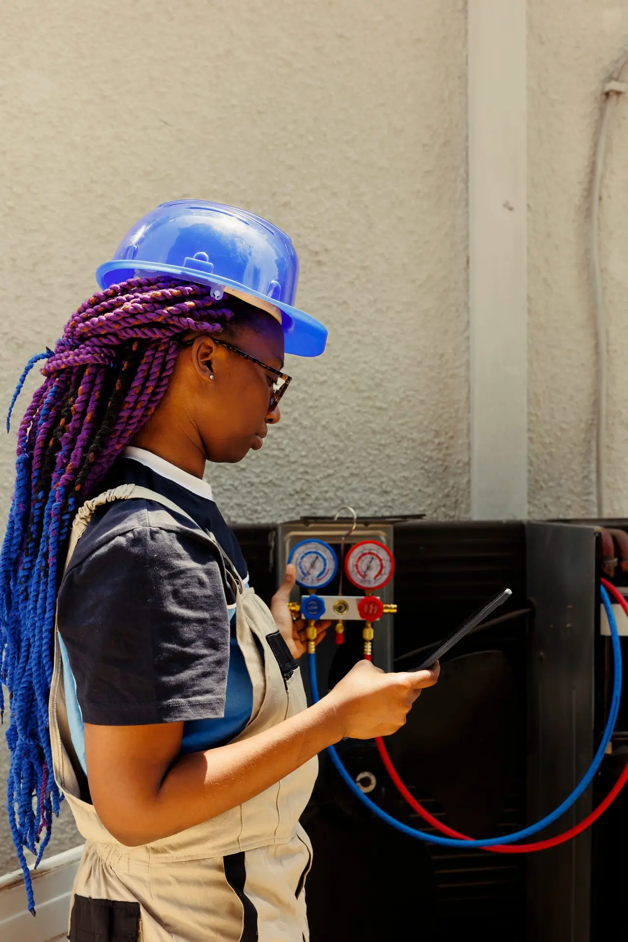 Female technician with purple braided hair wearing a blue hard hat and coveralls operating a digital tablet while checking HVAC gauges on an outdoor unit.